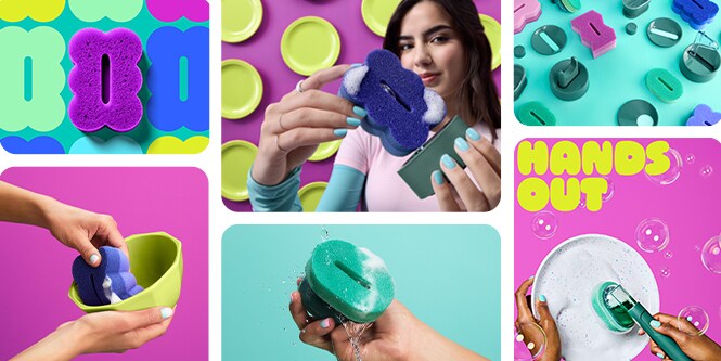 Die Küchenreinigungsserie Brite by Scotch-Brite™, präsentiert neben einem gefliesten Spülbecken, umfasst 2-seitige Reinigungs- und Wischschwämme, einen Spülschwamm mit Dosiergriff und Ständer für neben dem Waschbecken.
