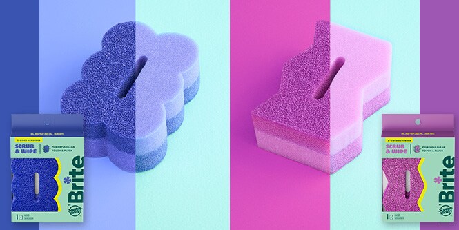 Brite by Scotch-Brite™ Scrub & Wipe Sponges in dark blue and pink.
